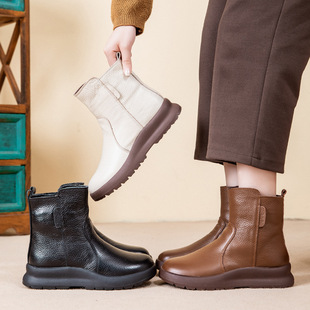 2025 Winter New Genuine Leather Martin Boots Women's Side Zipper Flat Wedge Mom Cotton Shoes Casual Warm Snow Boots Women