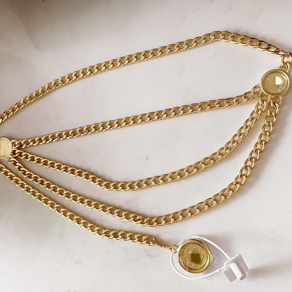 Zhonggu vintage ajustable chapado en oro cinturón cuero de tres capas cadena Cadena de cintura de alta gama vestido redondo colgante Accesorios