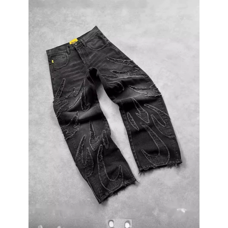 Джинсы с вышивкой в ​​стиле хип-хоп, панк, Y2K, свободные джинсы в стиле ретро, ​​мужские джинсы с высокой талией и узором в стиле ретро