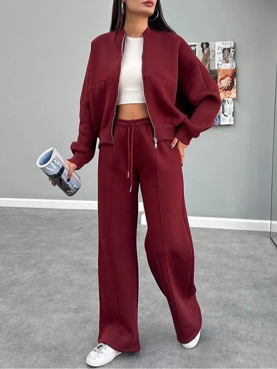 2025 Autumn and Winter Cross-Border European and American Pure Color Velvet Zipper Cardigan Women's Fashion Casual Straight Pants Suit Jacket