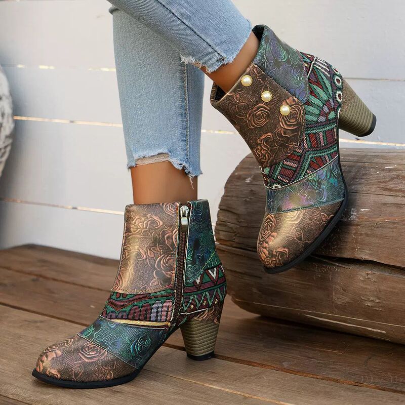 Amazon Autumn and Winter Ethnic Style Fashion High-Heeled Women's Boots Mid-Calf Pointed Toe Fashion Boots Ready-Made Side Zipper Retro Leather Boots