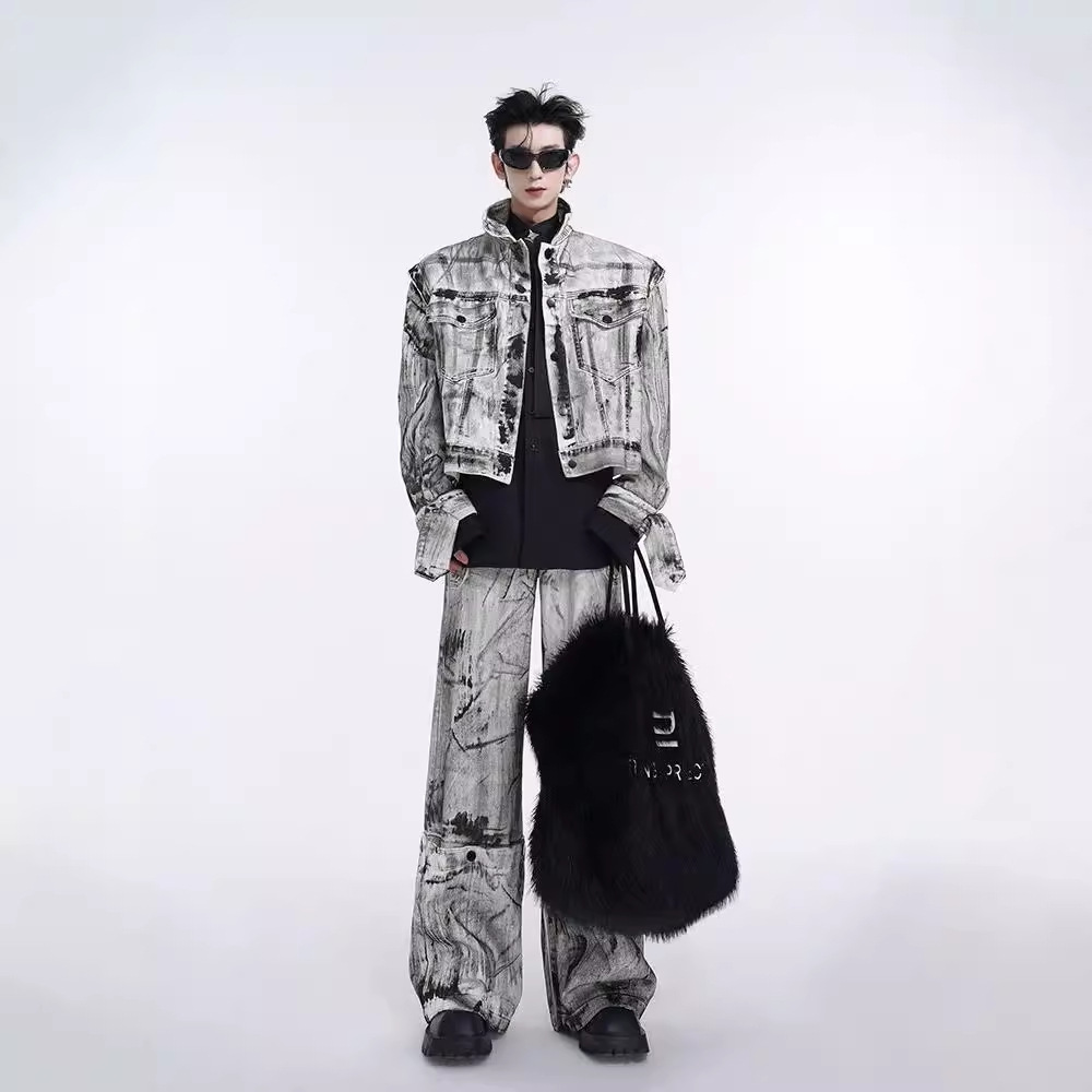 Autumn/Winter High-End Tie-Dye Distressed Denim Jacket Set with Loose Straight Leg Wide-Leg Pants - Trendy and Popular on Instagram