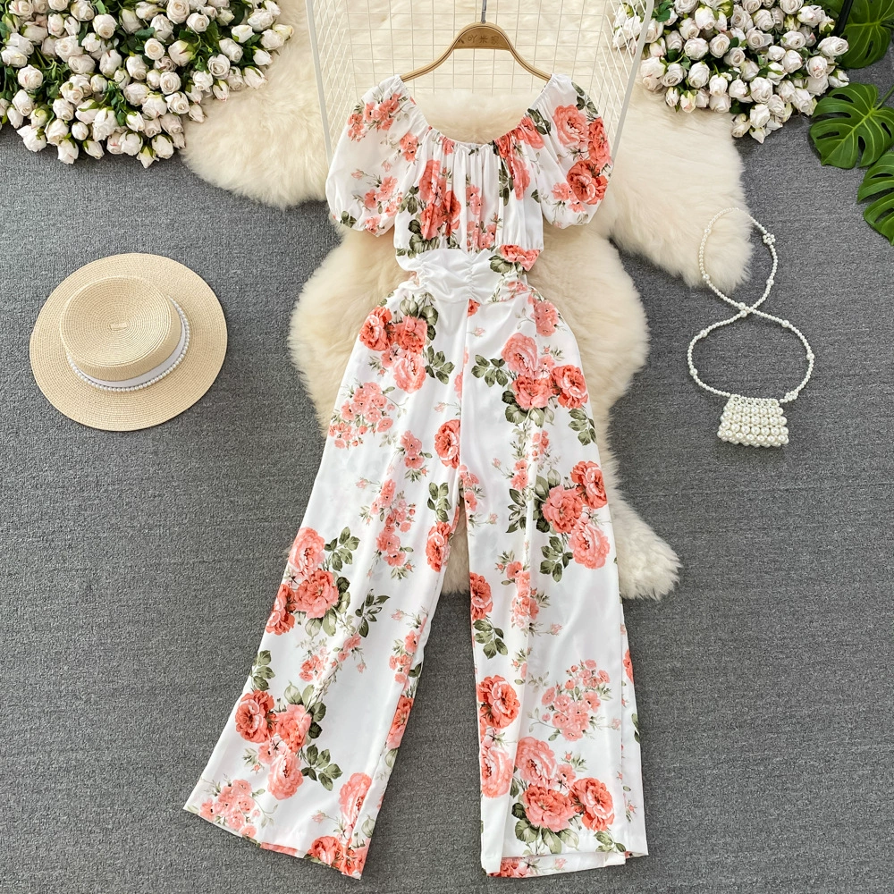 Sea Holiday с короткими рукавами складки с квадратным вырезом с высокой талией и тонким принтом комбинезоны модные повседневные широкие брюки