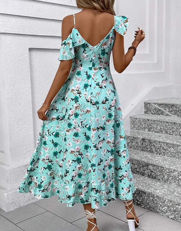 Women's Clothing Floral Print Sundress Irregular Slit Slim Waist Vacation Style Long Dress Fairy Beach Photos Dress For Women_ecoleips.com
