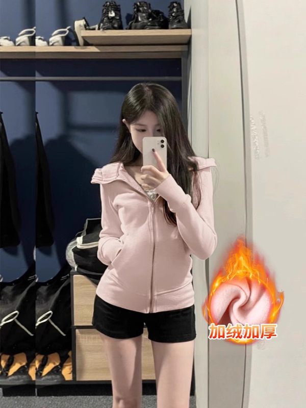 灰色修身卫衣外套女款早秋穿搭正肩收腰连帽上衣显瘦紧身收腰|undefined