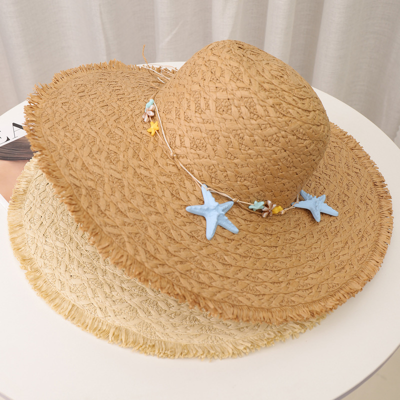 Large Brim Straw Hat with Coarse Braided Edges, Starfish Decoration, Sun Protection, Beach Hat, Sun Hat for Women Large Brim Straw Hat with Coarse Braided Edges, Starfish Decoration, Sun Protection, Beach Hat, Sun Hat for Women