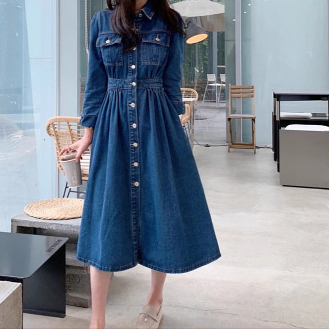 (2개) 한국 스타일의 우아한 긴 소매 데님 원피스 여성의 2024 가을 새로운 허리 긴 원피스 느슨한 슬리밍 A 라인 스커트