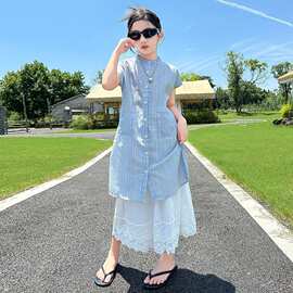 中大童套裙度假风套装裙夏季新款女童韩版衬衫裙半身裙叠穿两件套