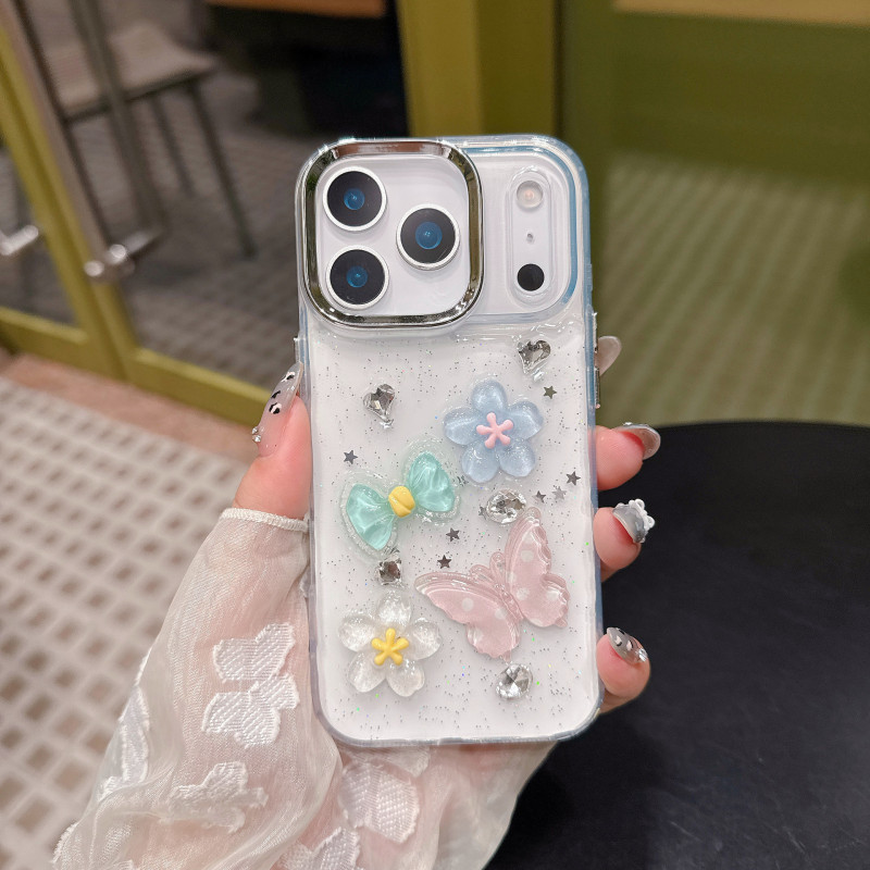 滴胶立体蝴蝶结适用iPhone16Promax手机壳苹果16透明闪粉保护套|undefined