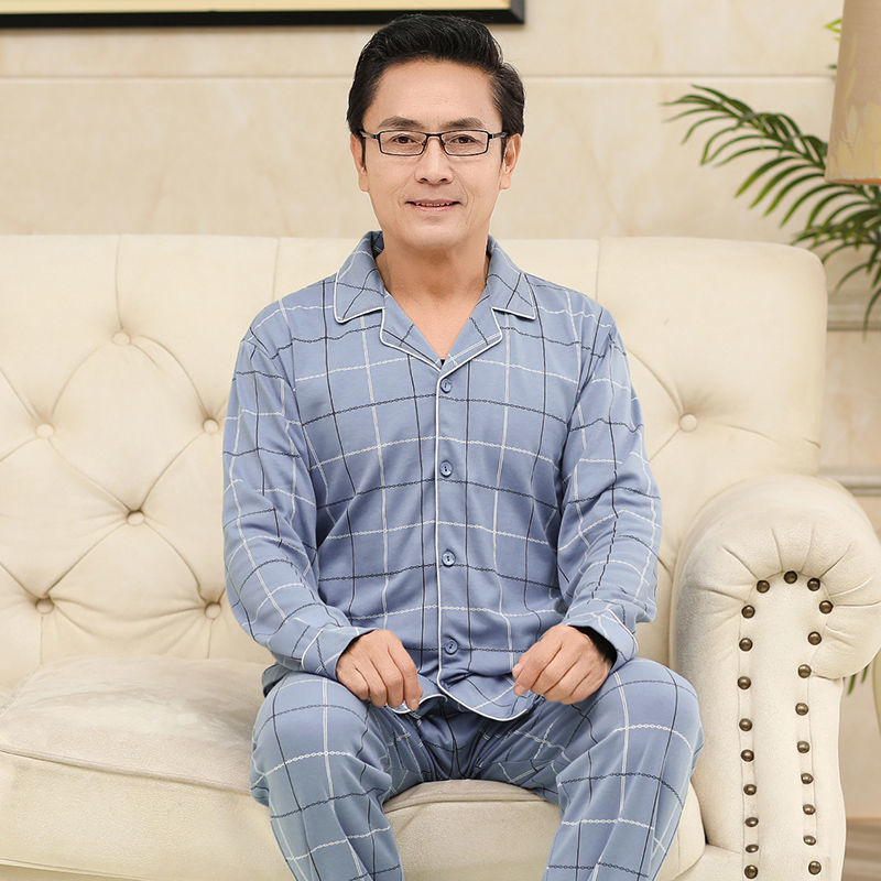 Pijamas de mediana edad y ancianos para hombres de primavera y verano 100% algodón de manga larga más tamaño cardigan Delgado traje de homewear