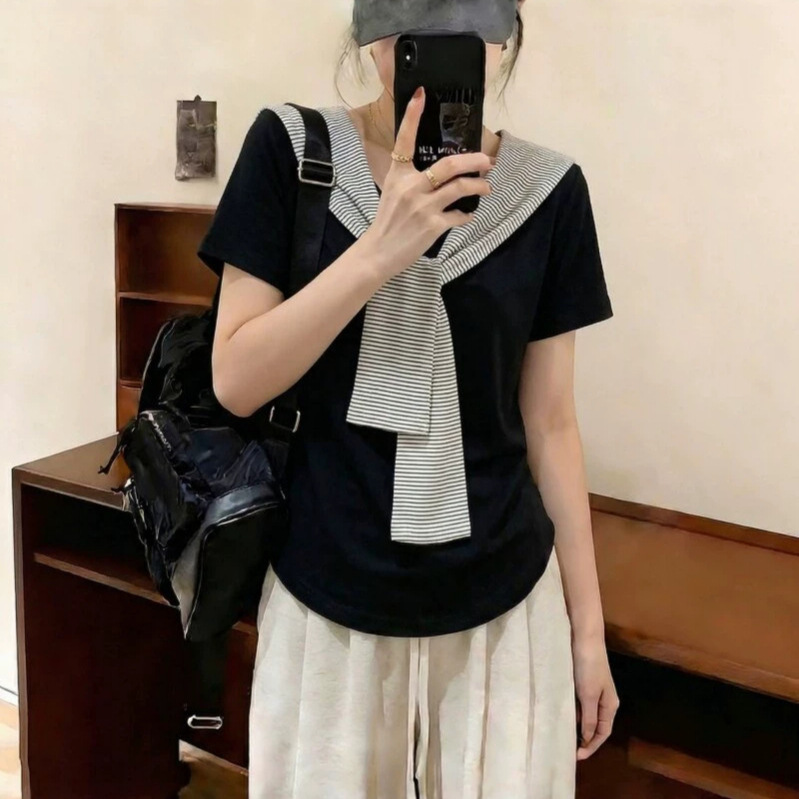 Academy Style White Navy Collar Striped Tie Short-Sleeve T-Shirt for Women, Summer 2026, Slim Fit Miu Style, Regular Shoulder Short Top