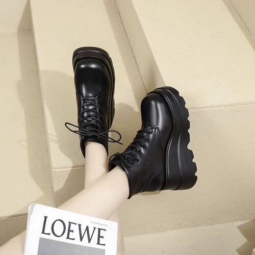 Slope heel cos heightening shoes 20cm sponge bottom Martin boots spring and autumn British style short boots women's short boots heightening shoes 