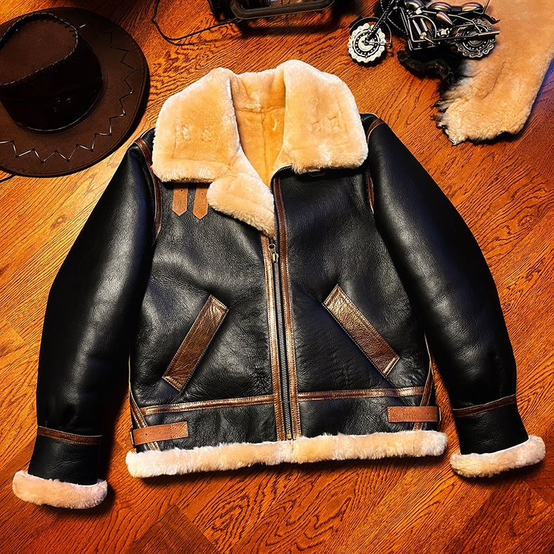 B3 Original Ecological Fur One-Piece Flight Suit Men's Lamb Hair Genuine Leather Motorcycle Short Leather Jacket Fur Jacket