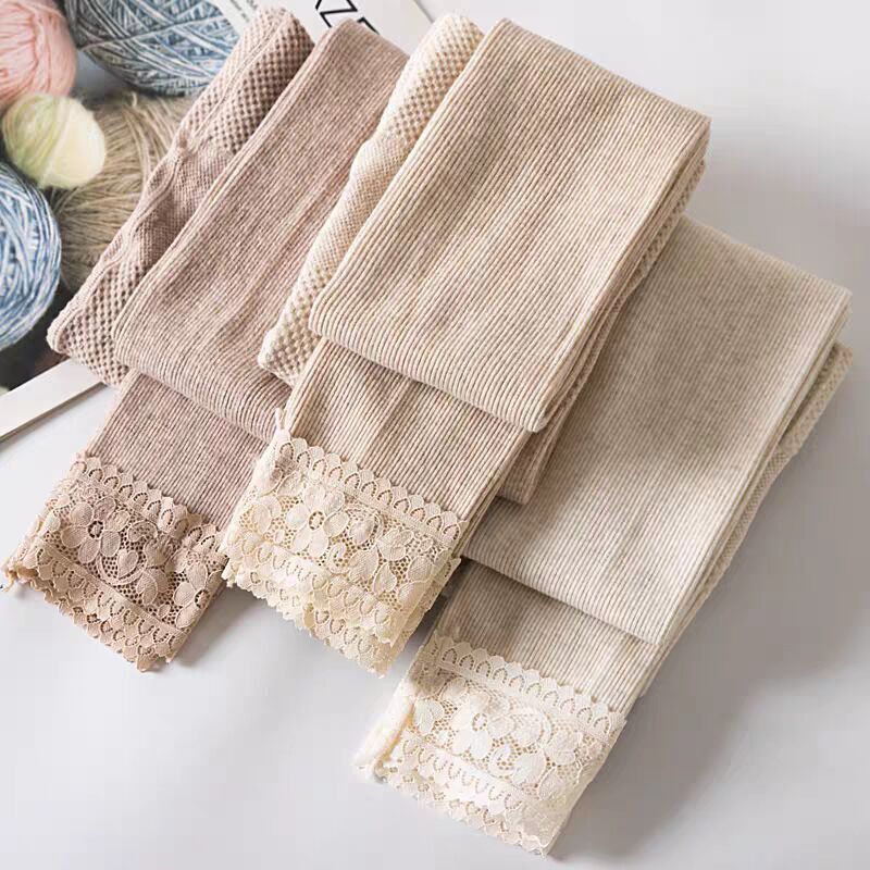 Women's Leggings for Spring, Autumn, and Winter, Thin Lace Cotton Cropped Pants, Lace Leggings, Ribbed Pants for a Slimming Effect