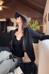大码女装韩系蕾丝碎花修身吊带背心长袖开衫外套秋季新款胖mm套装