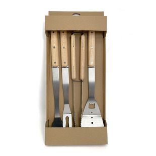 Cross-border barbecue TOOLS suit outdoor stainless steel Oak barbecue fork clip 4-piece set combination BBQ TOOLS