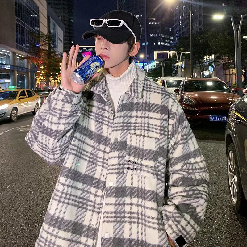 Chaqueta de lana a cuadros para hombres, chaqueta de estilo perezoso de marca de moda suelta de otoño, primavera y otoño ins, ropa de calle de moda coreana