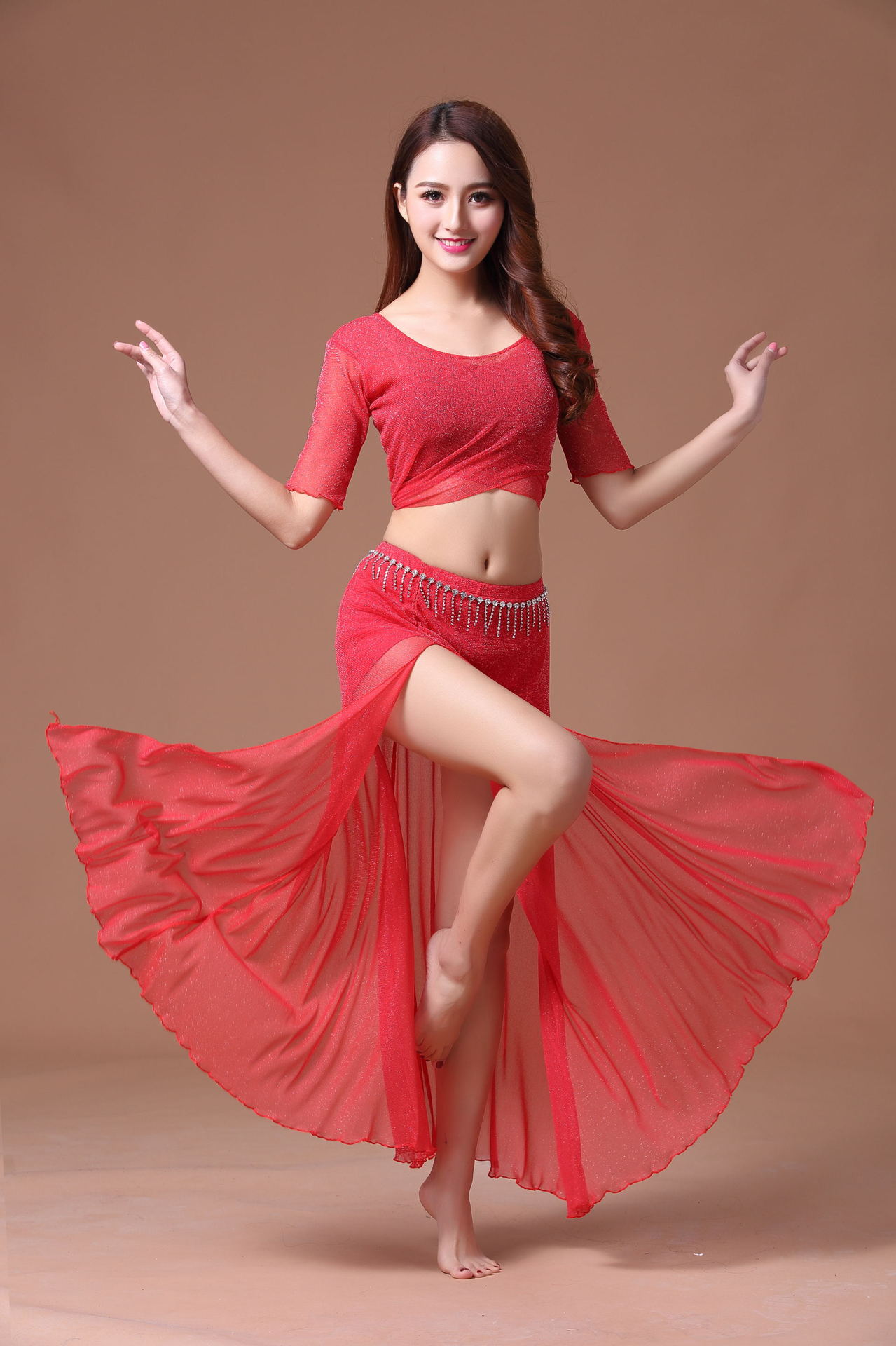 New summer belly dance practice suit, large size oriental dance performance costume, mesh flowing skirt