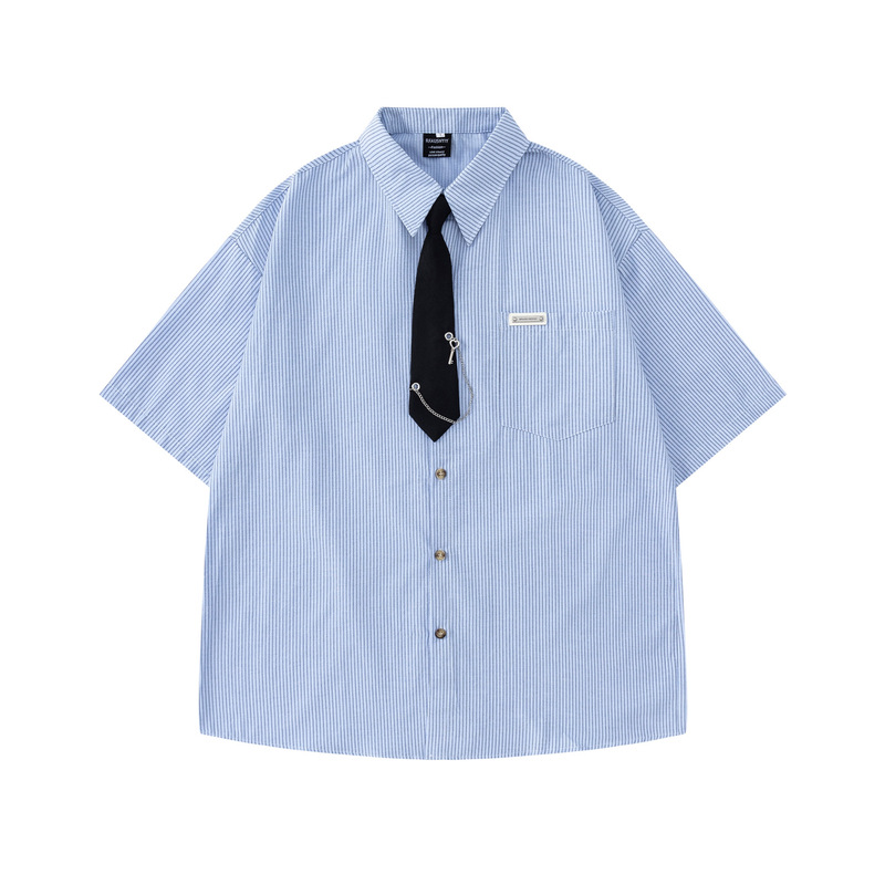 Japanese Retro Striped Tie Accessories Short-Sleeved Shirt Summer New Loose Casual Shirt for Men and Women Couple Tops
