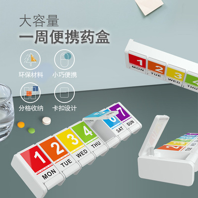 按鍵7格塑料藥盒壹周7天收納UV彩印便攜旅行分格分裝台式小藥盒子