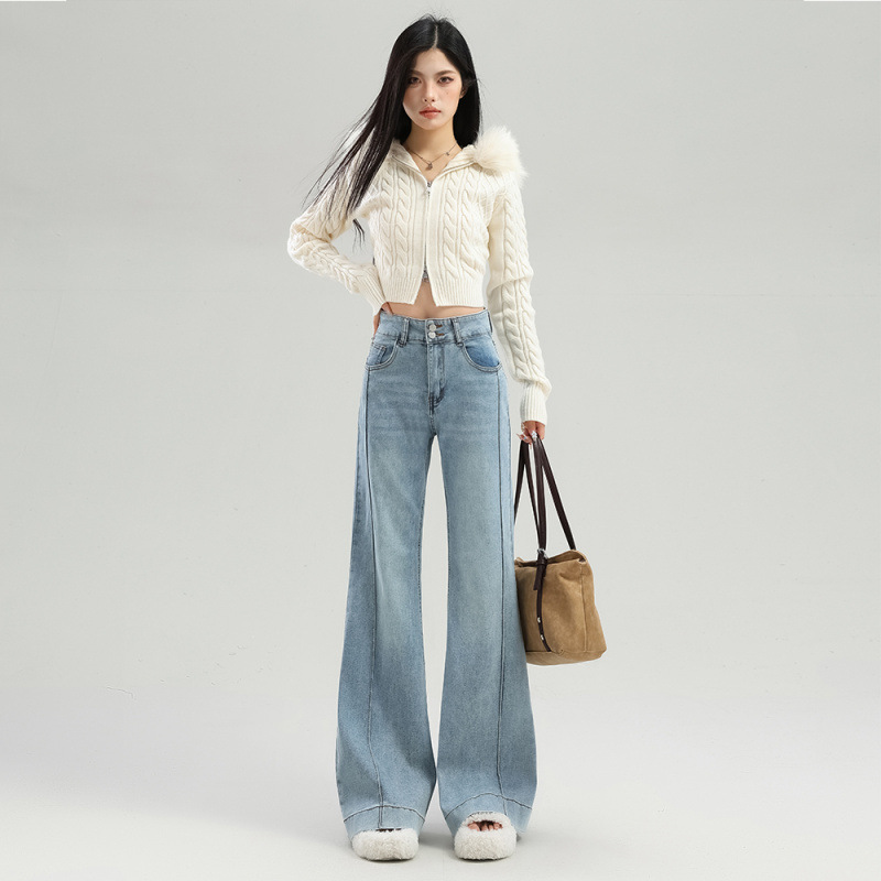 Nostalgia azul de piernas anchas jeans de bocina primavera 2026 nuevo mm grande cintura alta cubierta recta micropantalones