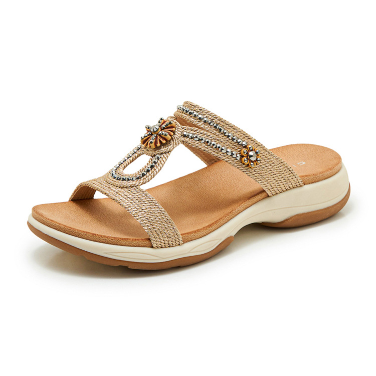 Dép sandal nữ quai chữ V đế xuồng thêu điện bohemian — Champagne màu, màu đen, màu hồng chi tiết 21