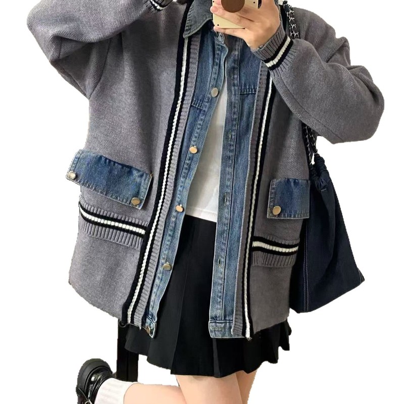 春秋冬设计感牛仔拼接假两件开衫毛衣休闲宽松百搭针织上衣外套|undefined