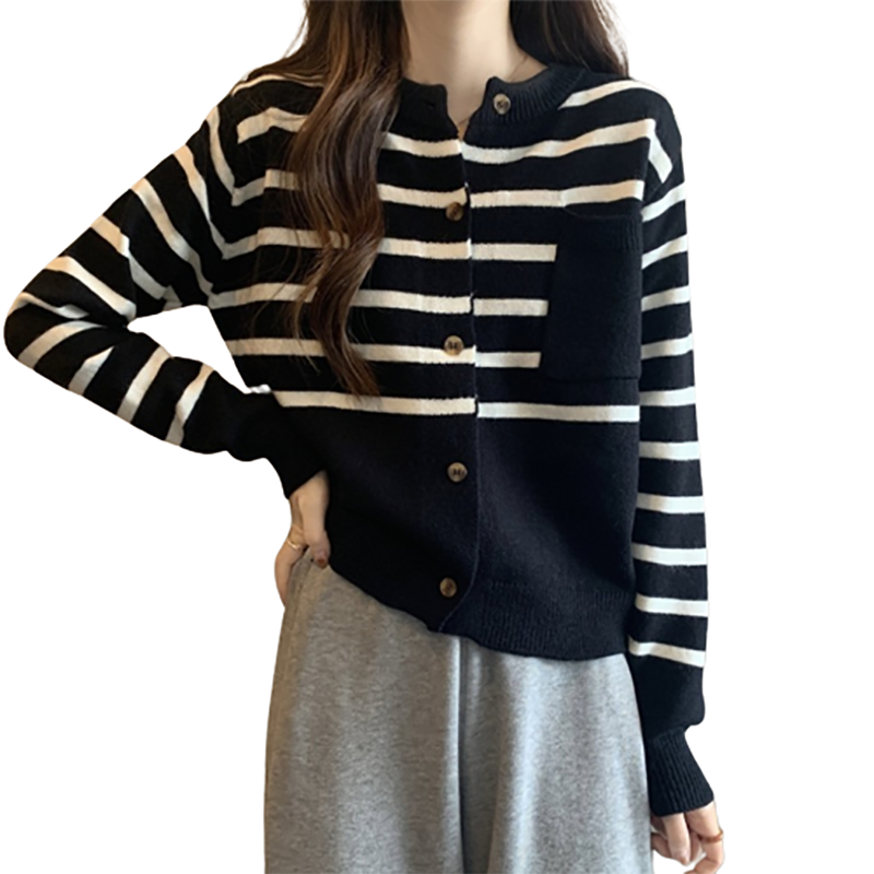 여성용 게으른 스타일 레트로 스웨터 코트 여성용 게으른 스타일 슬리밍 벨리 커버 스트라이프 긴 소매 스웨터