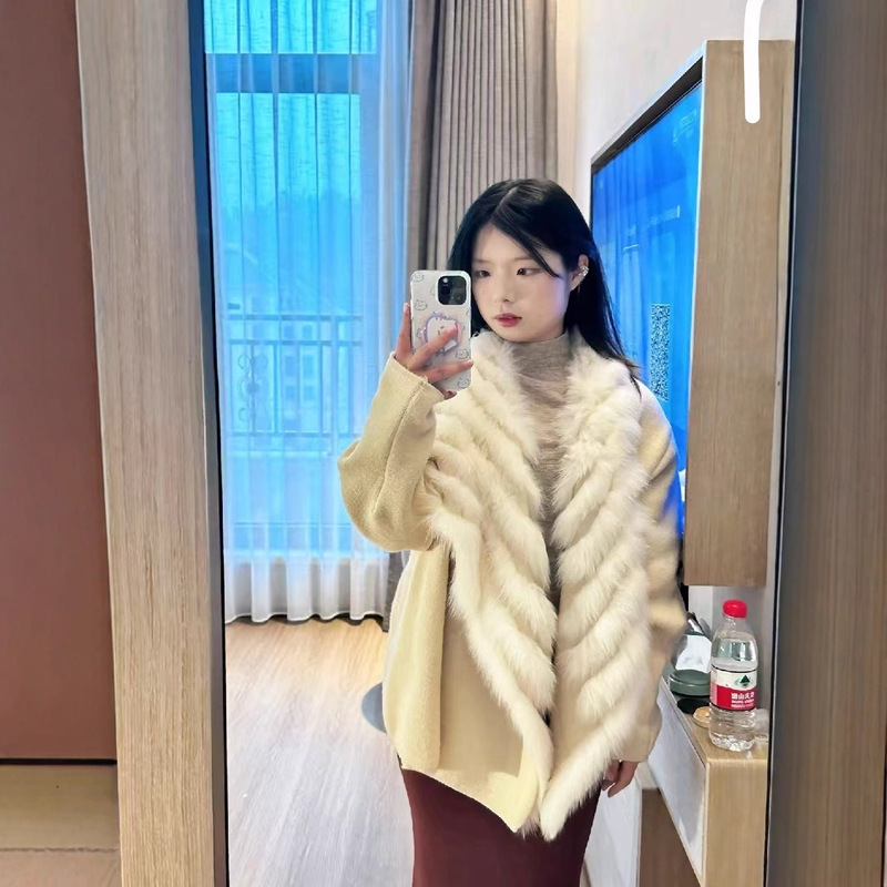 [Fall Leaves] New Autumn and Winter Haining Fur Jacket Fox Fur Collar Knitted Cardigan Sweater Women's Thick Belt