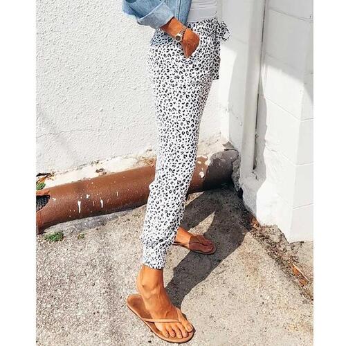2025 Summer European and American Women's Loose-Fit Cropped Pants with Leopard Print, Drawstring Design, and Casual Style—Perfect for a Slimming Look