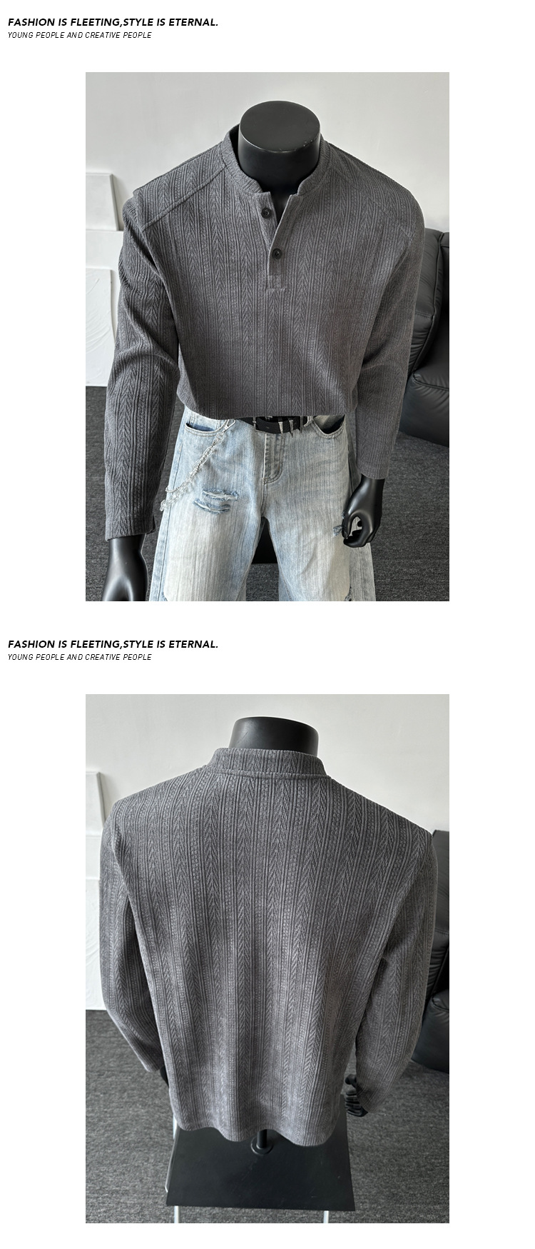 Textured Wheat-ear Pattern Long-sleeve T-shirt For Men Cleanfit_voghion.com