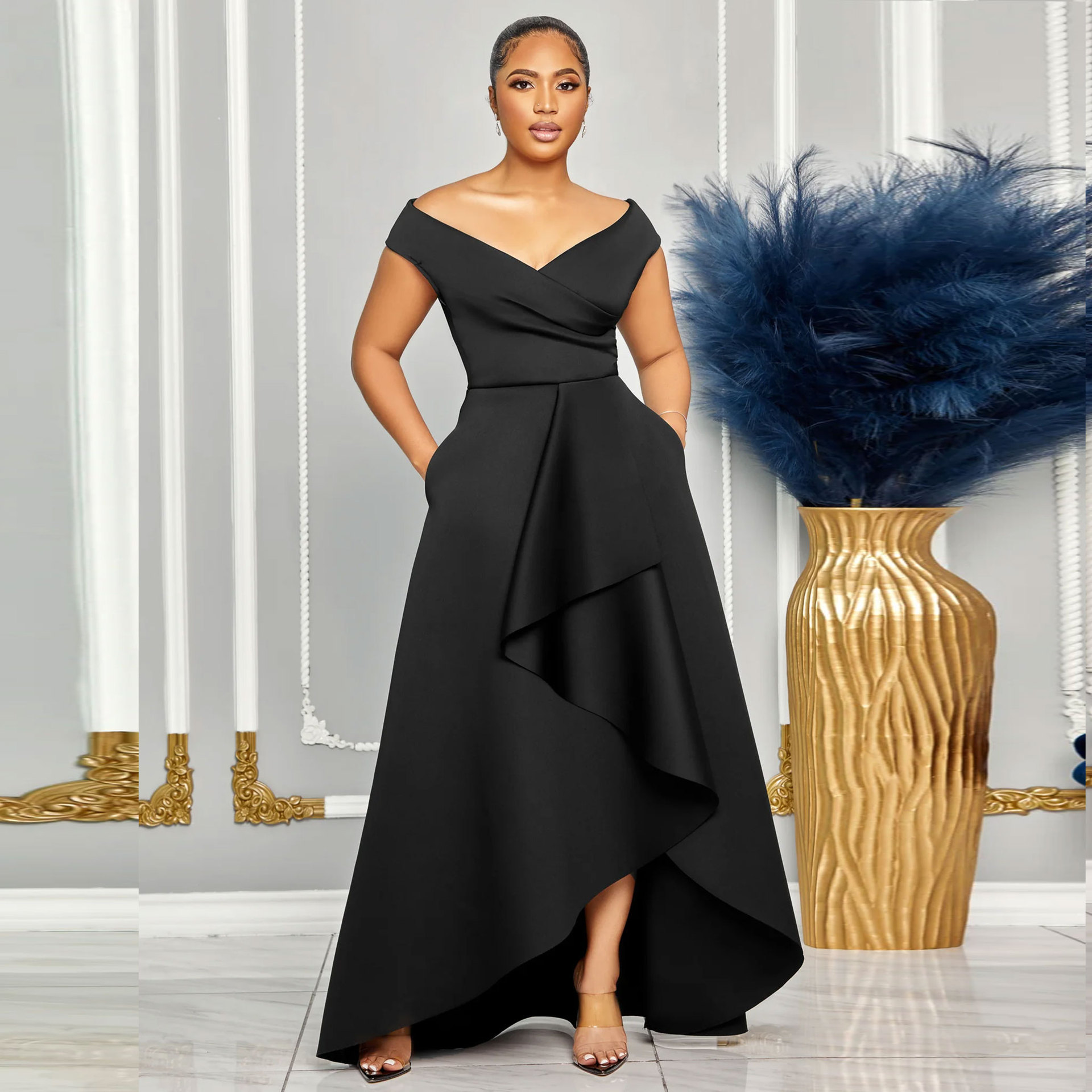 Women's Sexy Slim Fit One Shoulder Sleeveless Large Skirt Dress Solid Color_ecoleips.com