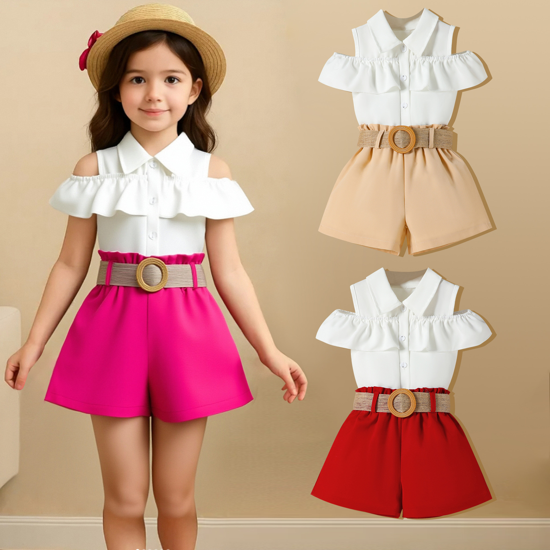Cross-Border Girls' Summer New European and American Style Off-Shoulder Ruffle Top Shorts Belt Three-Piece Set for Children and Middle-Aged Children