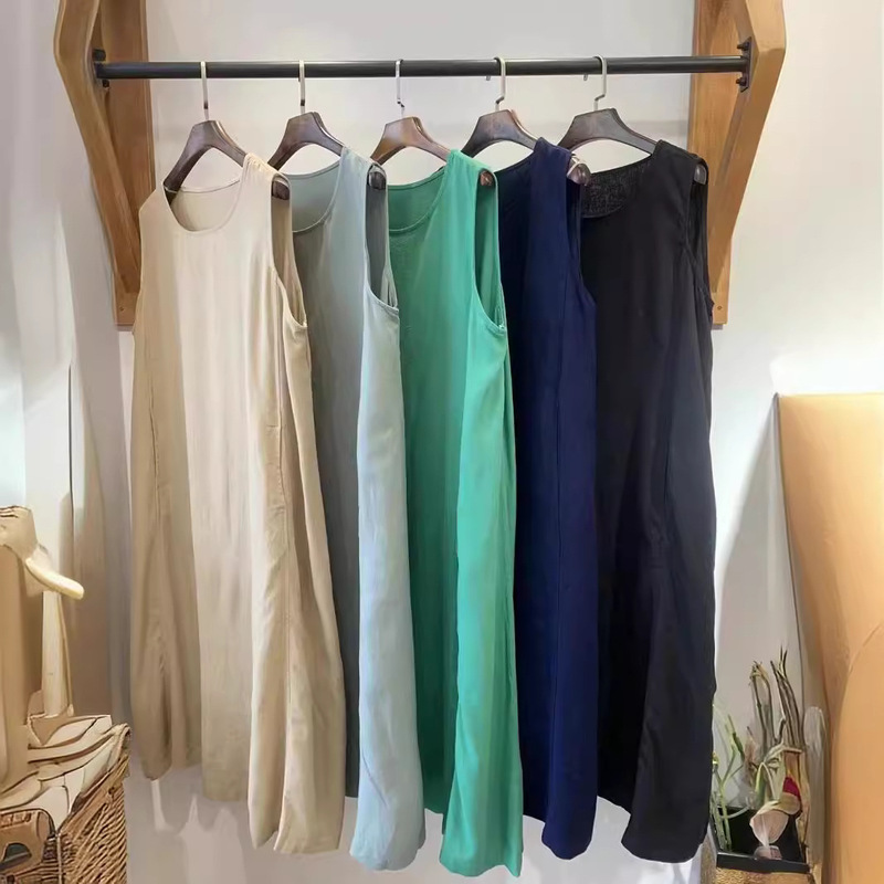 Japanese-style Tencel Linen Sleeveless dress Summer New Style Loose Casual All-match Slim-fit Age-reducing Mid-length Vic Dress
