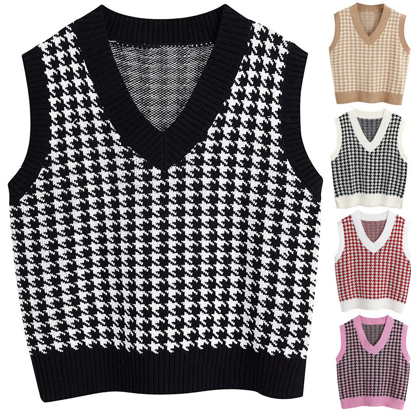 Cross-Border Export Amazon Autumn and Winter New Spot Women's Houndstooth Knitted Vest V Neck Sleeveless Pullover Sweater