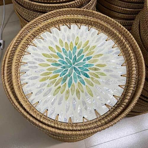 Vietnamese rattan woven shell plate, colorful shell fruit plate, decorative stand, jewelry storage tray, tea plate, utensil plate, wholesale