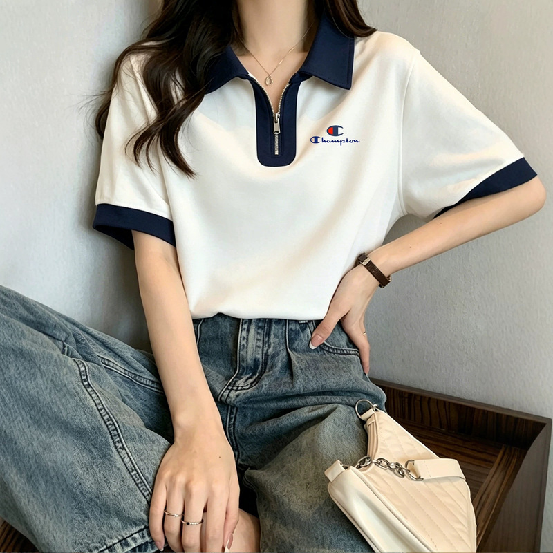 Japanese Version Champion Brand Zip-Up Polo Collar Short-Sleeve T-Shirt for Women, 2026 Summer Loose Fit College Style Regular Shoulder Student Top