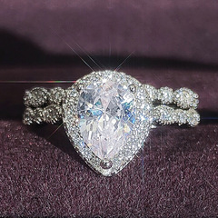 ebay熱賣新款梨形水滴鑲嵌鋯石戒指女跨境貨源訂婚套戒r5014