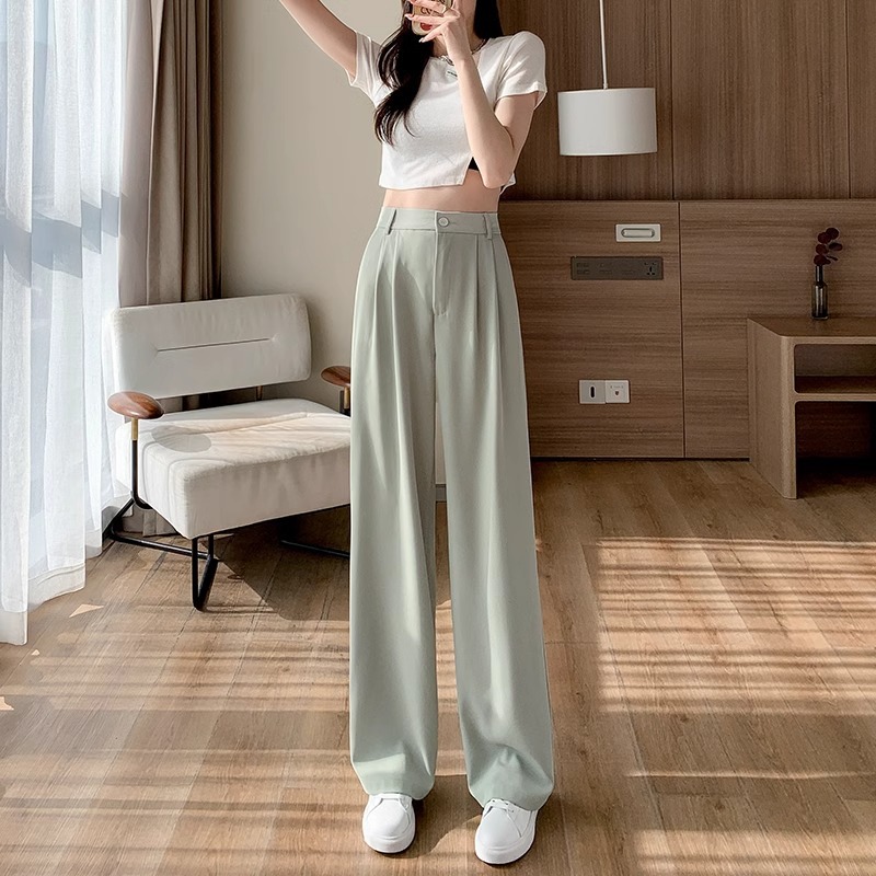 Pantalones de piernas anchas de hielo rosa primavera y verano delgados pantalones de traje de cintura alta, pequeños pantalones casuales de chiffon