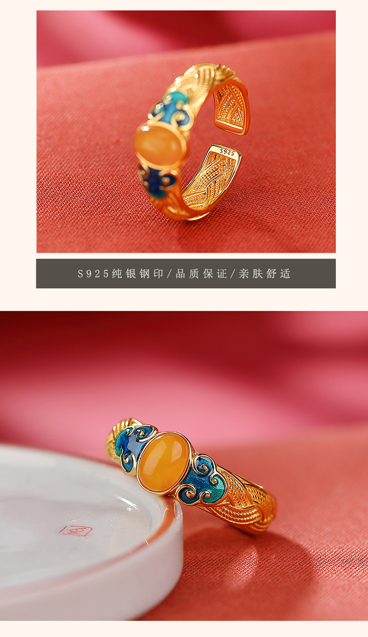 Nhẫn bạc S925 mạ vàng sáp ong phong cách cổ điển dạng mở điều chỉnh — Mở một size chi tiết 6