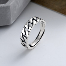雅泰恒s925纯银韩版创意镂空锁链方条几何百搭时尚开口戒指指环