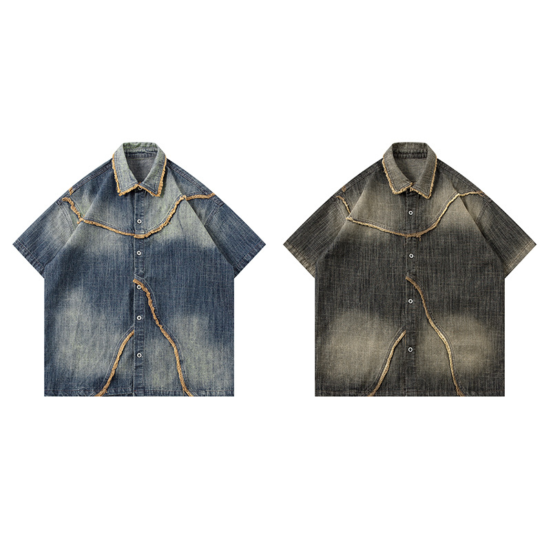 Trendige Marke für ausländischen Handel: Kurzarm-Denim-Hemd mit Used-Look und Farbverlauf für Damen und Herren, europäische und amerikanische Modelle._voghion.com