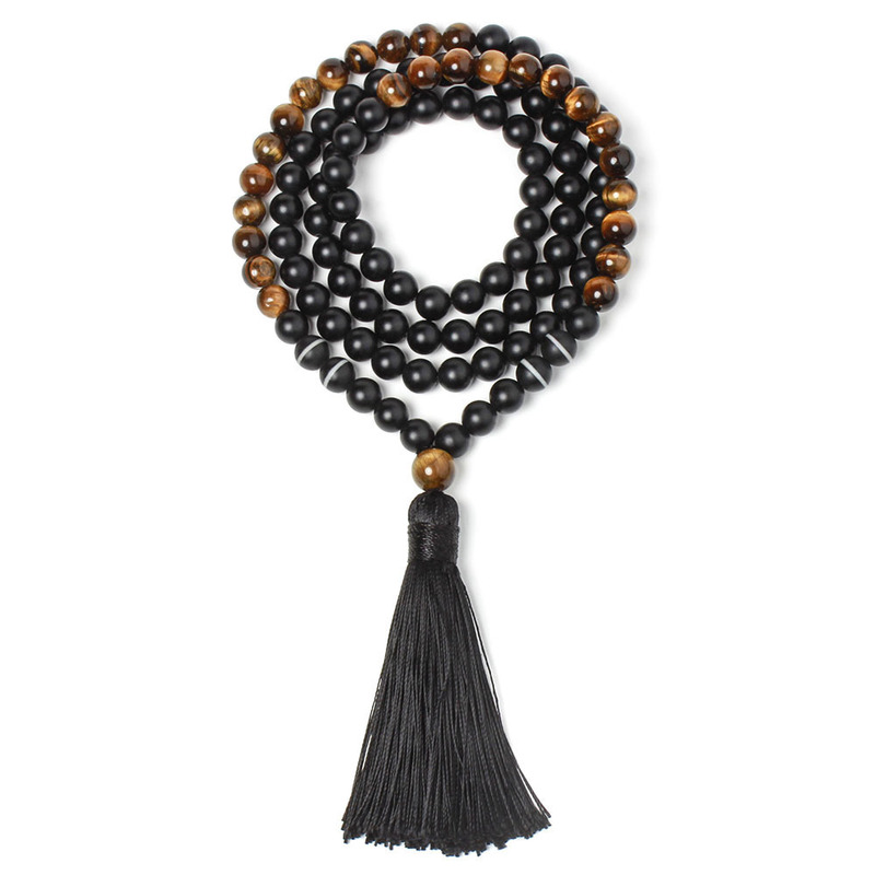 Cross-border new 108 tiger eye stone handmade beaded necklace bracelet black tassel sweater chain yoga necklace