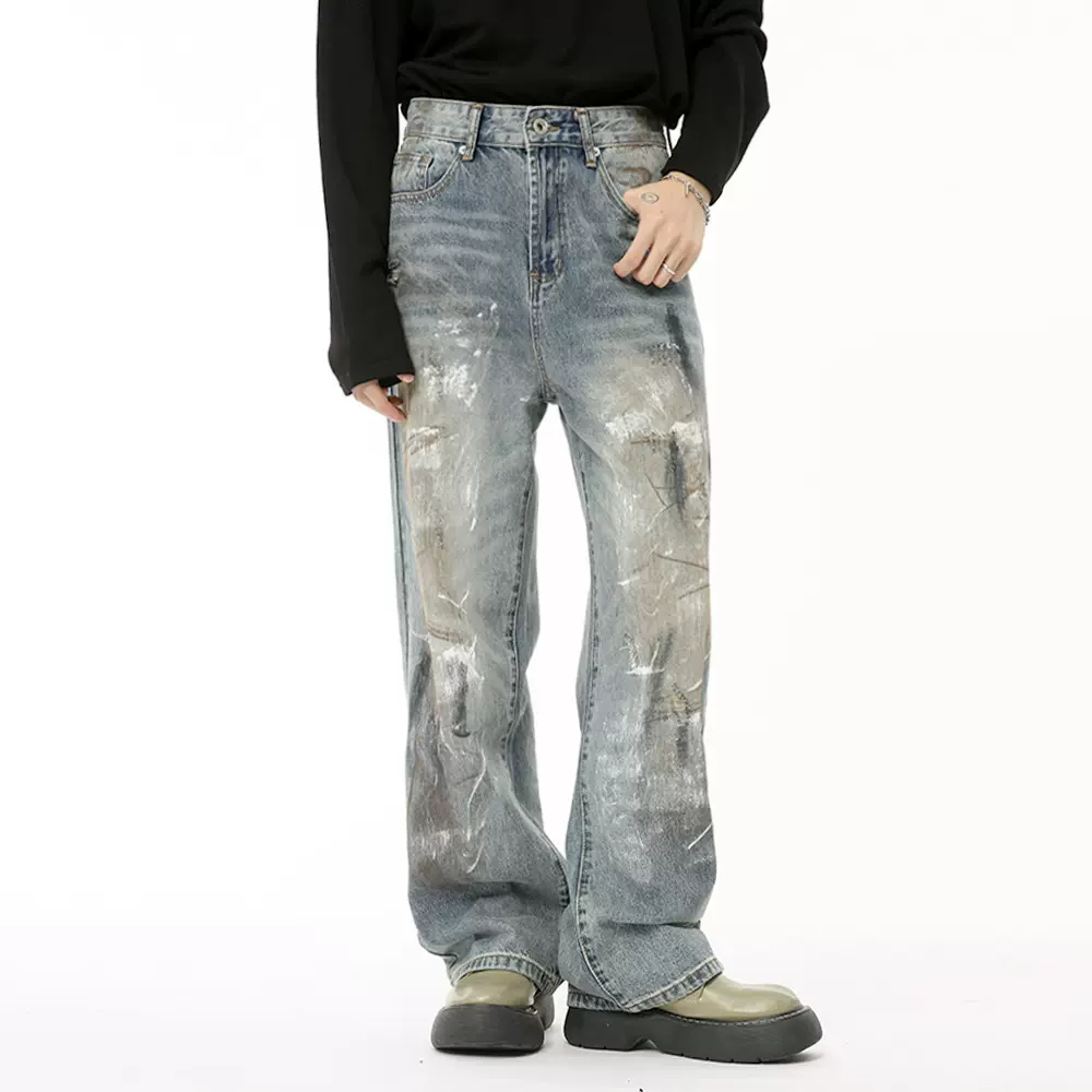 MTLCLOTHES男装|2024夏款新品 小众个性做旧废土风脏染涂鸦牛仔裤