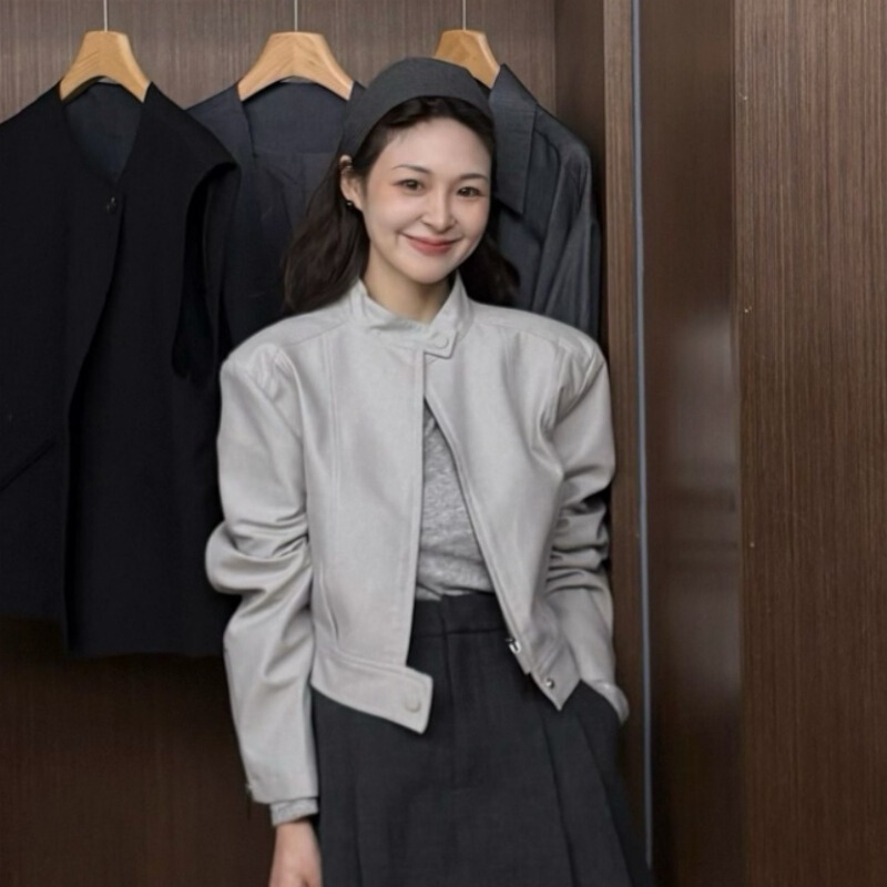 轻熟风气质高级感短款拉链皮衣外套2025初秋套小众褶皱半身裙套装|undefined