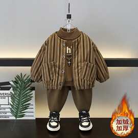 男小童条绒三件套加绒加厚套装男童2026新款童装秋季男孩酷帅衣服