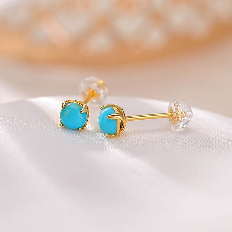 Bông tai ngọc lam mạ vàng Yilu Silver S925 hạt tròn đơn giản thời trang — Một cặp