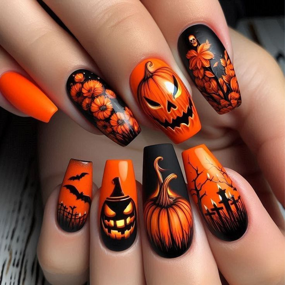 Nuevo estilo transfronterizo de uñas de Halloween, parche de uñas de calabaza de cráneo tridimensional 3D, 24 piezas, armadura de vestir en relieve