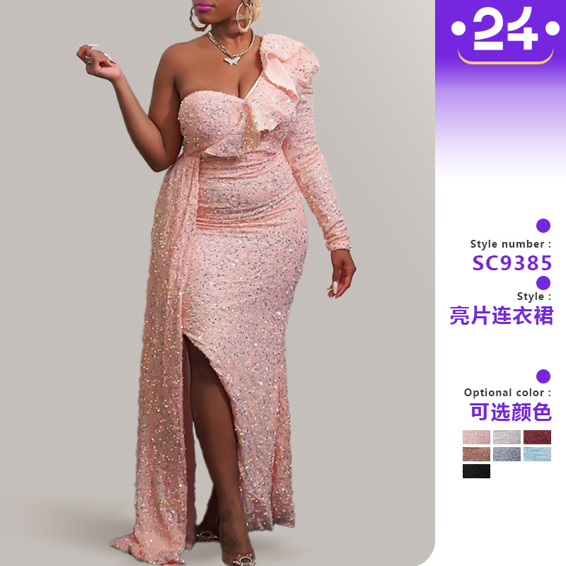 2025冬季非洲礼服时尚新款单肩珠片伴娘服派对长款连衣裙欧美女装