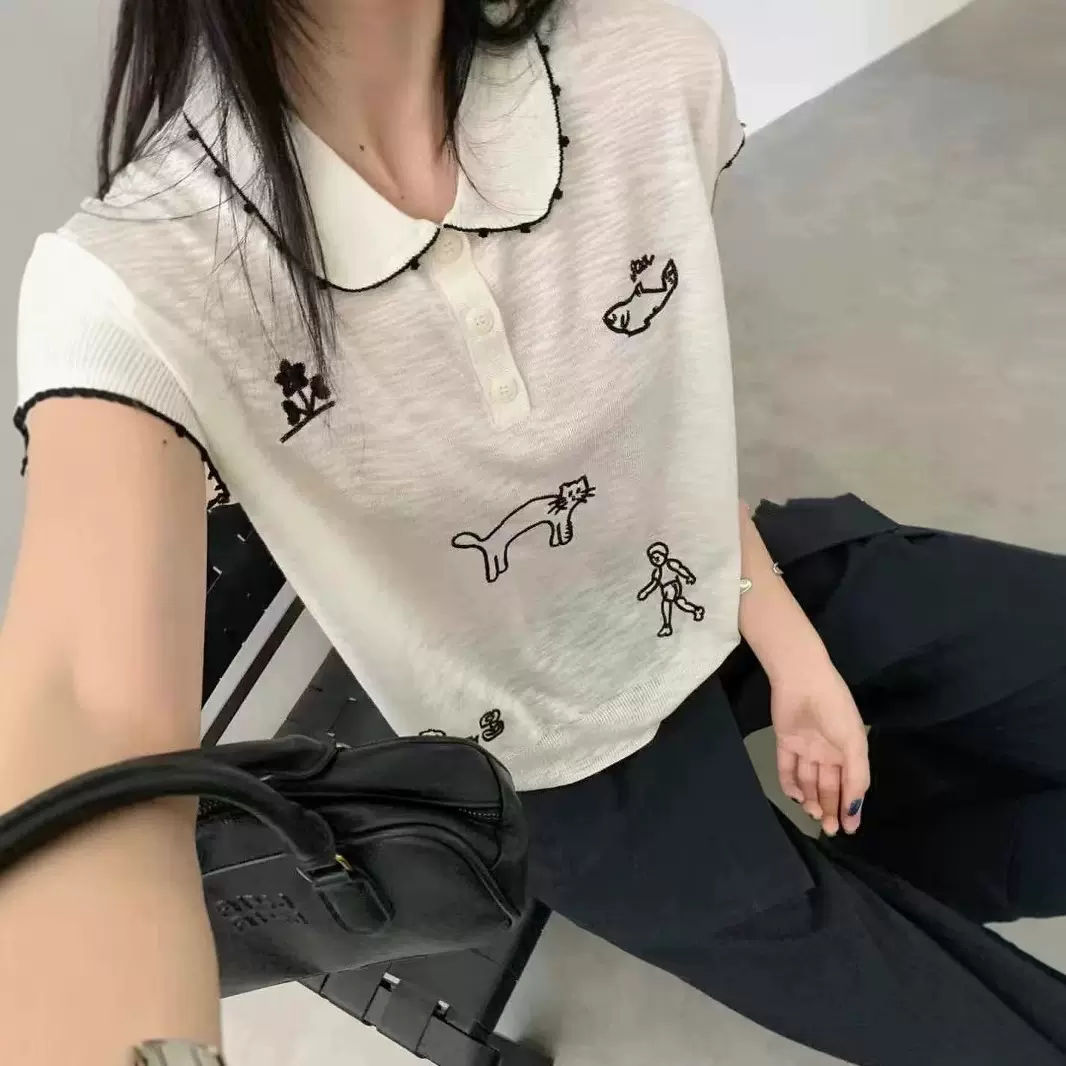 2025夏季新款韩版时尚百搭宽松显瘦翻领短袖T恤女潮刺绣卡通上衣